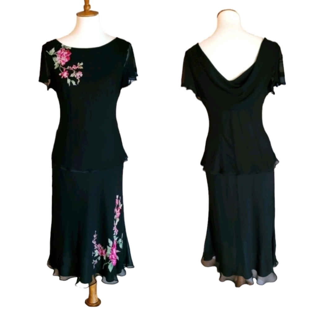 Vintage Robbie Bee Silk And Floral Beaded Two Piece Skirt Set